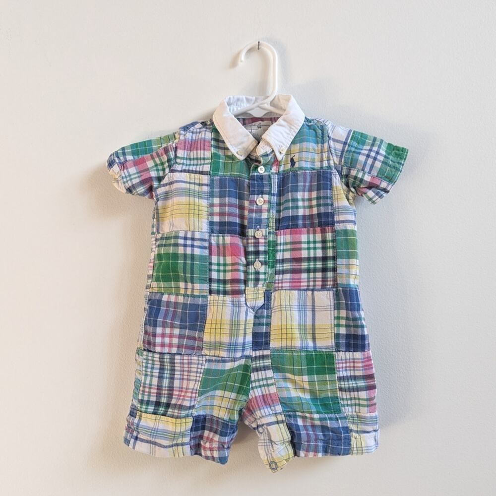 Ralph Lauren Romper Baby Boys Sz 9m Patchwork Polo Preppy